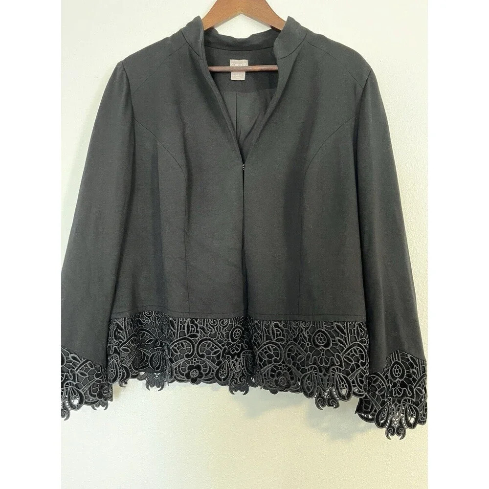 Chicos Blazer 2 L 12 14 Black Velvet Crochet Hem Mandarin Collar
